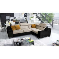 Ecksofa Avanti II mit Schlaffunktion und Lampe mit USB-Anschluss Stoff Whisper 3 + schwarzes Kunstleder