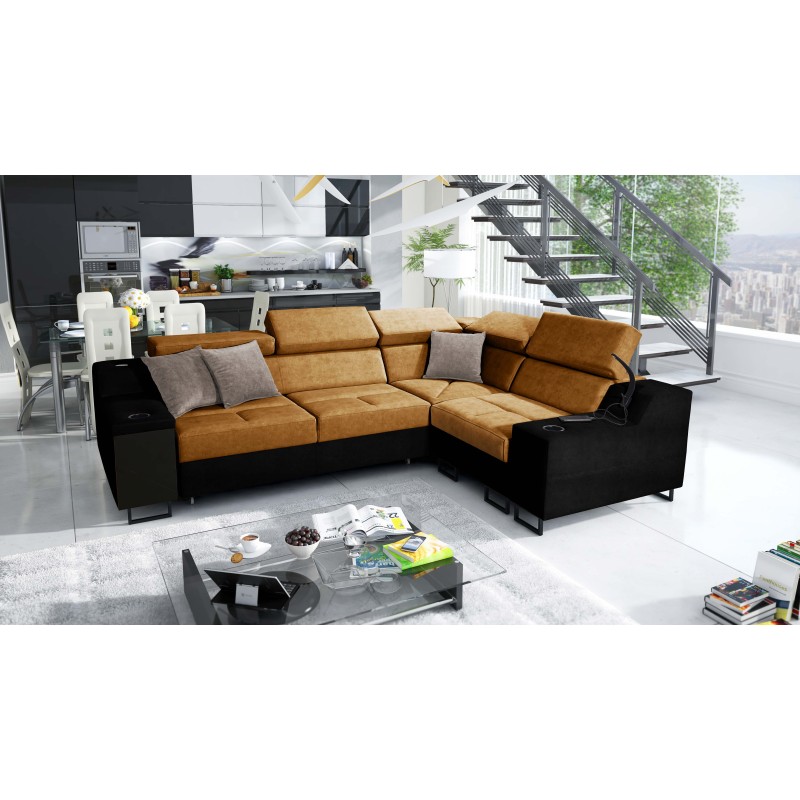Avanti II corner sofa with a sleeping function and a lamp with a USB port, Whisper 9 fabric + black eco-leather Avanti II corner sofa with a sleeping function and a lamp with a USB port, Whisper 9 fabric + black eco-leather