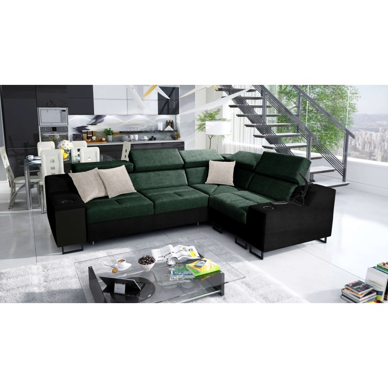 Esquina Avanti II con función de cama y lámpara con puerto USB, tela Whisper 11 + cuero ecológico negro Esquina Avanti II con función de cama y lámpara con puerto USB, tela Whisper 11 + cuero ecológico negro