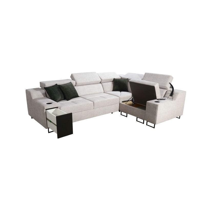 Avanti II corner sofa with a sleeping function and a lamp with a USB port, fabric Whisper 11 + Eco-leather Avanti II corner sofa with a sleeping function and a lamp with a USB port, fabric Whisper 11 + Eco-leather