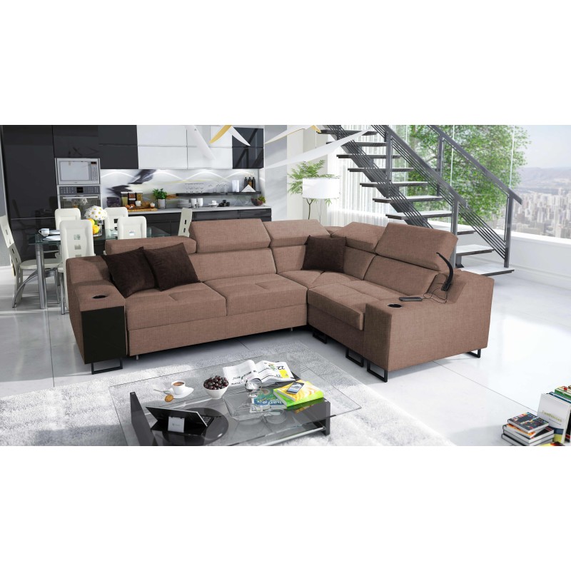 Ecksofa Avanti II mit Schlaffunktion und Lampe mit USB-Anschluss, Stoff Sawana 25