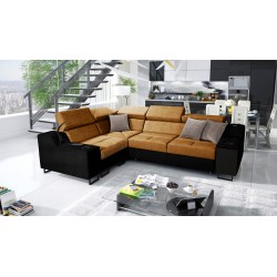 Ecksofa Avanti II mit Schlaffunktion und Lampe mit USB-Anschluss, Stoff Whisper 9 + schwarze Kunstleder