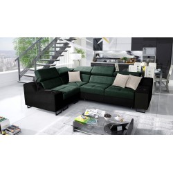 Avanti II Ecksofa mit Schlaffunktion und Lampe mit USB-Anschluss, Stoff Whisper 11 + schwarzes Ökoleder