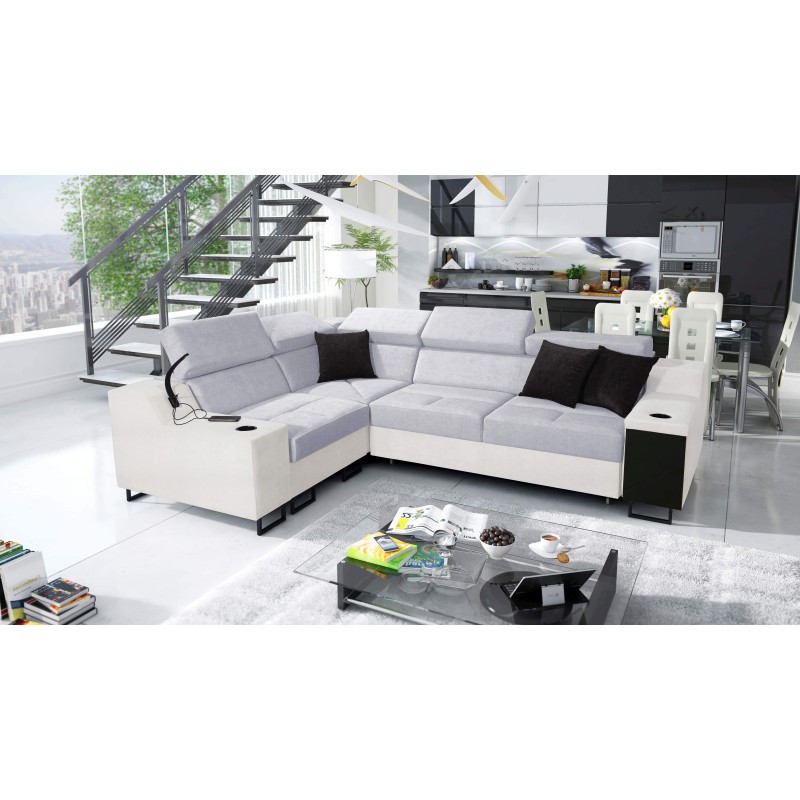 Avanti II corner sofa with sleeping function and lamp with USB port, fabric Sawana 84 + Eco-leather Avanti II corner sofa with sleeping function and lamp with USB port, fabric Sawana 84 + Eco-leather