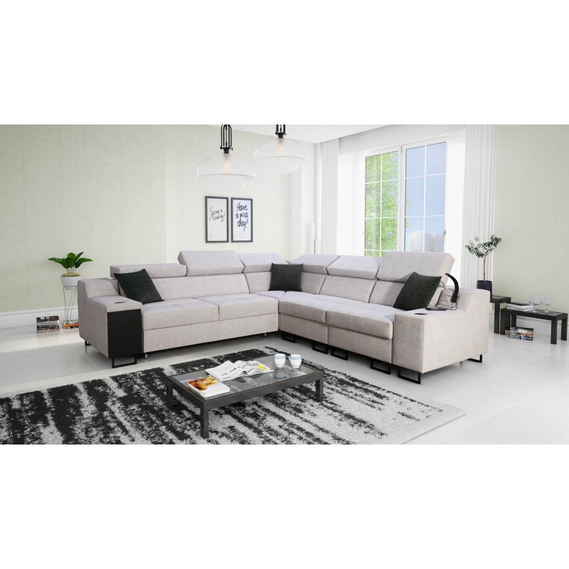 Sofá esquinero Avanti III con función de cama y lámpara con puerto USB, tela Whisper 5 + Eco-cuero. Sofá esquinero Avanti III con función de cama y lámpara con puerto USB, tela Whisper 5 + Eco-cuero.