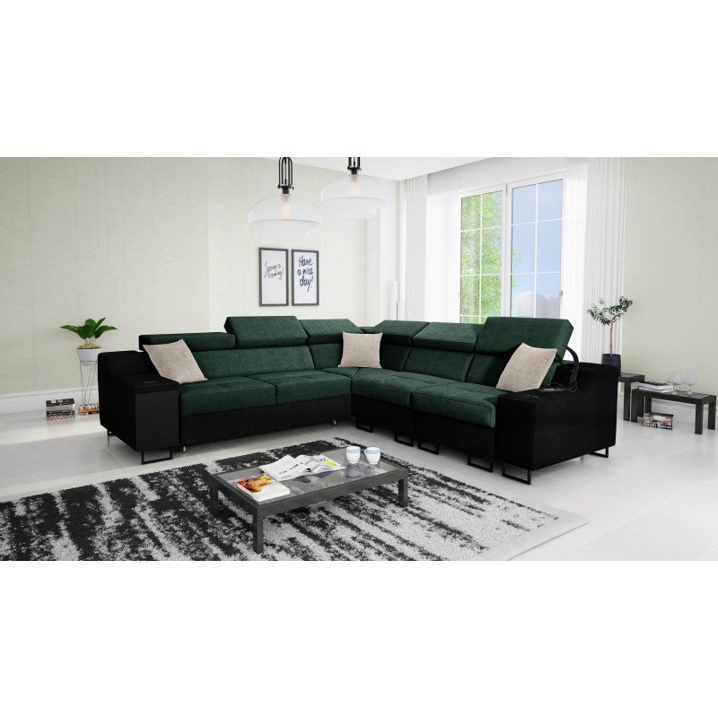 Avanti III Ecksofa mit Schlaffunktion und Lampe mit USB-Anschluss, Stoff Whisper 11 + schwarzes Kunstleder