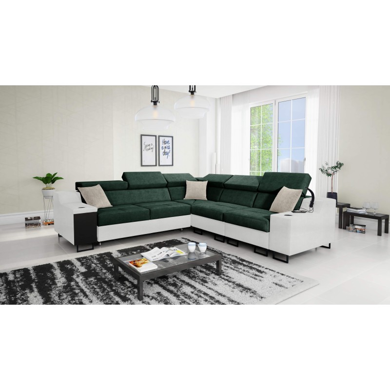 Sofá esquinero Avanti III con función de cama y lámpara con puerto USB, tela Whisper 11 + Ecocuero