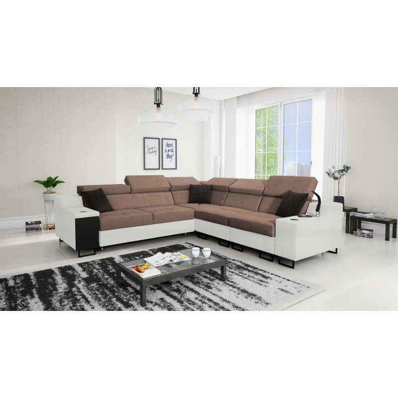 Esquina Avanti III con función de dormir y lámpara con puerto USB, tejido Sawana 25 + Ecocuero Esquina Avanti III con función de dormir y lámpara con puerto USB, tejido Sawana 25 + Ecocuero