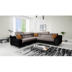 Ecksofa Avanti III mit Schlaffunktion und Lampe mit USB-Anschluss in Stoff Whisper 5 + schwarzem Kunstleder