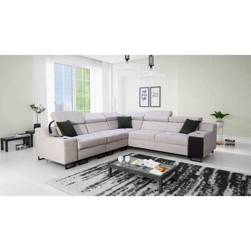Avanti III corner sofa with a sleeping function and a lamp with a USB port, fabric Whisper 5 + black eco-leather Avanti III corner sofa with a sleeping function and a lamp with a USB port, fabric Whisper 5 + black eco-leather