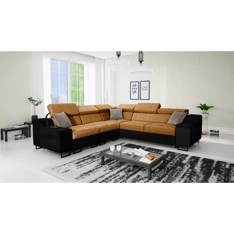Ecksofa Avanti III mit Schlaffunktion und Lampe mit USB-Anschluss Stoff Whisper 9 + schwarze Kunstleder