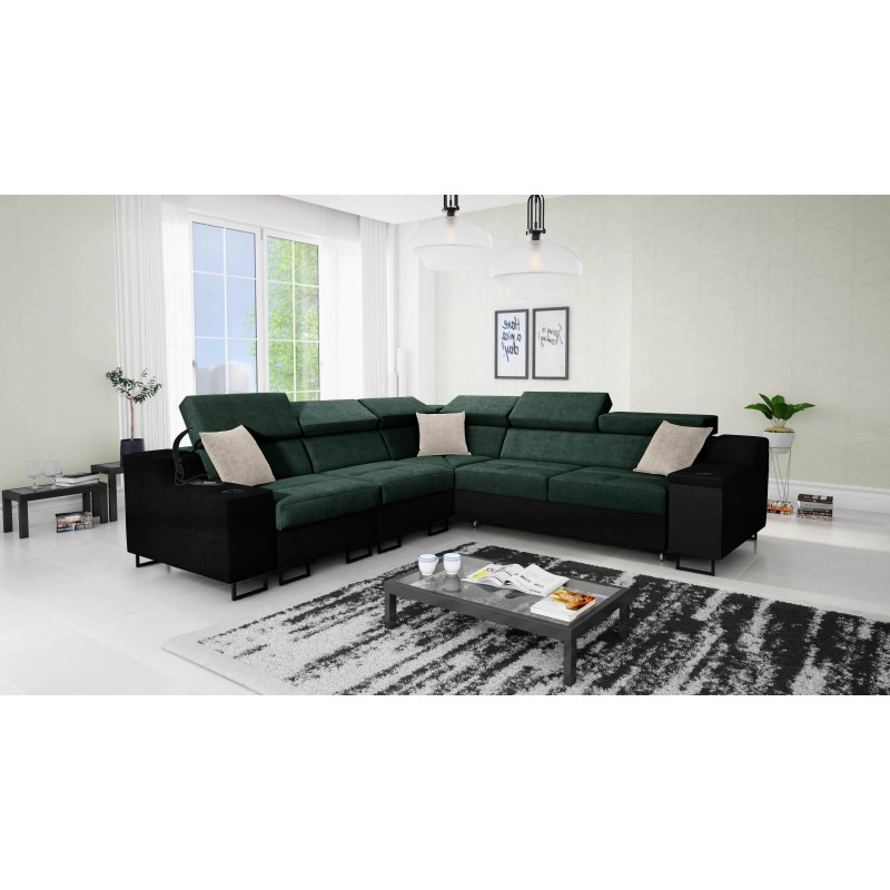 Avanti III Ecksofa mit Schlaffunktion und Lampe mit USB-Anschluss, Stoff Whisper 11 + schwarzes Kunstleder