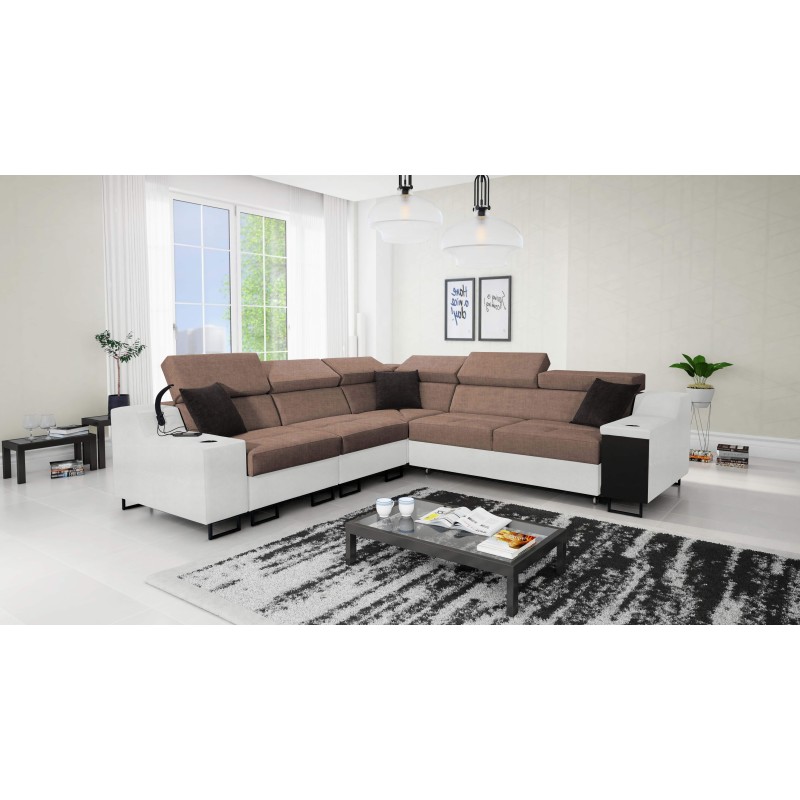 Avanti III corner sofa with a sleeping function and a lamp with a USB port, fabric Sawana 25 + Eco leather