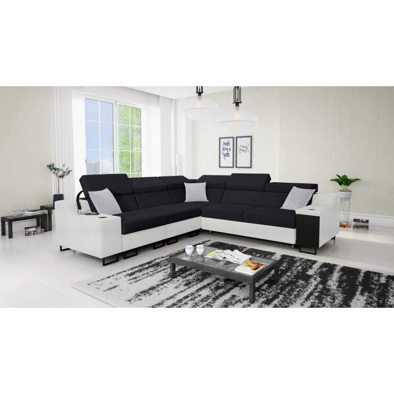 Avanti III corner sofa with a sleeping function and a lamp with a USB port, fabric Sawana 14 + Eco-leather