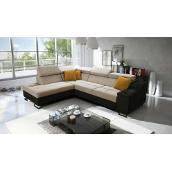 Sofá esquinero Avanti VII con función de cama y lámpara con puerto USB, tela Whisper 3 + Ecocuero negro.