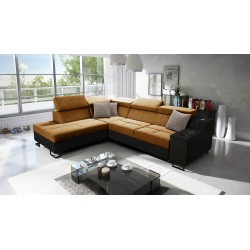 Ecksofa Avanti VII mit Schlaffunktion und Lampe mit USB-Anschluss, Stoff Whisper 9 + schwarze Ecoskin.