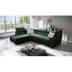 Ecksofa Avanti VII mit Schlaffunktion und Lampe mit USB-Anschluss, Stoff Whisper 11 + schwarzes Kunstleder.