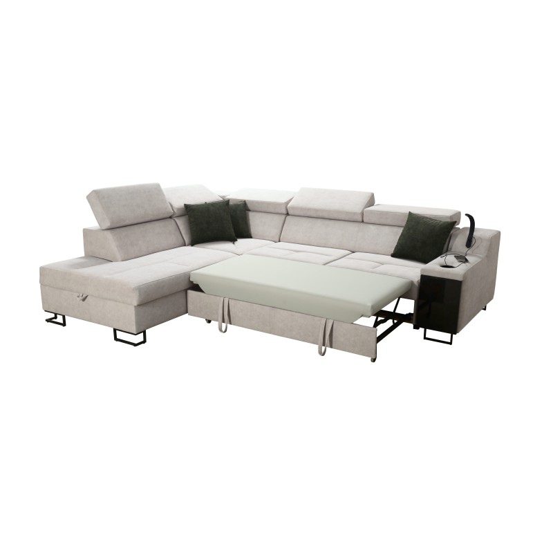 Ecksofa Avanti VII mit Schlaffunktion und Lampe mit USB-Anschluss, Stoff Whisper 11 + schwarzes Kunstleder. Ecksofa Avanti VII mit Schlaffunktion und Lampe mit USB-Anschluss, Stoff Whisper 11 + schwarzes Kunstleder.