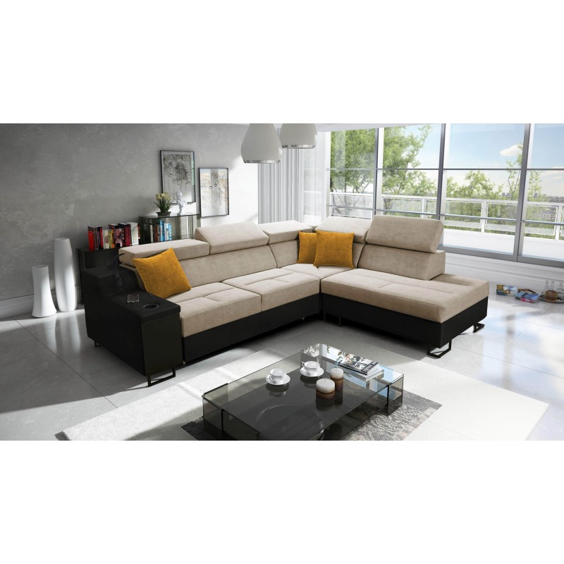 Avanti VII corner sofa with sleeping function and a lamp with a USB port, fabric Whisper 3 + black eco-leather
