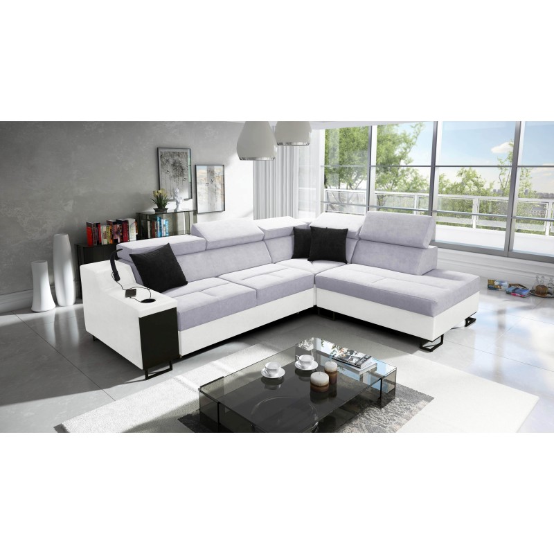 Esquina Avanti VII con función de cama y lámpara con puerto USB tela Sawana 84 + Eco-cuero