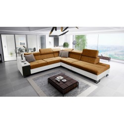 Ecksofa Avanti IX mit Schlaffunktion und Lampe mit USB-Anschluss, Stoff Whisper 3 + schwarzes Kunstleder