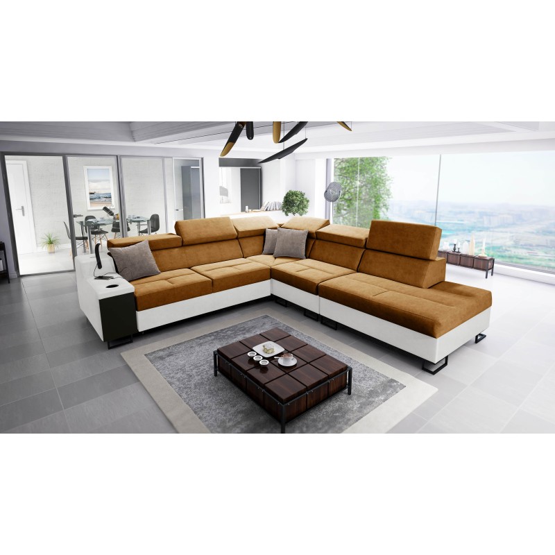 Avanti IX corner sofa with sleeping function and USB port lamp, fabric Whisper 3 + black eco-leather