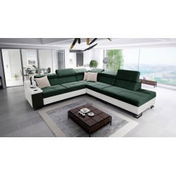 Ecksofa Avanti IX mit Schlaffunktion und Lampe mit USB-Anschluss, Stoff Whisper 5 + schwarzes Kunstleder