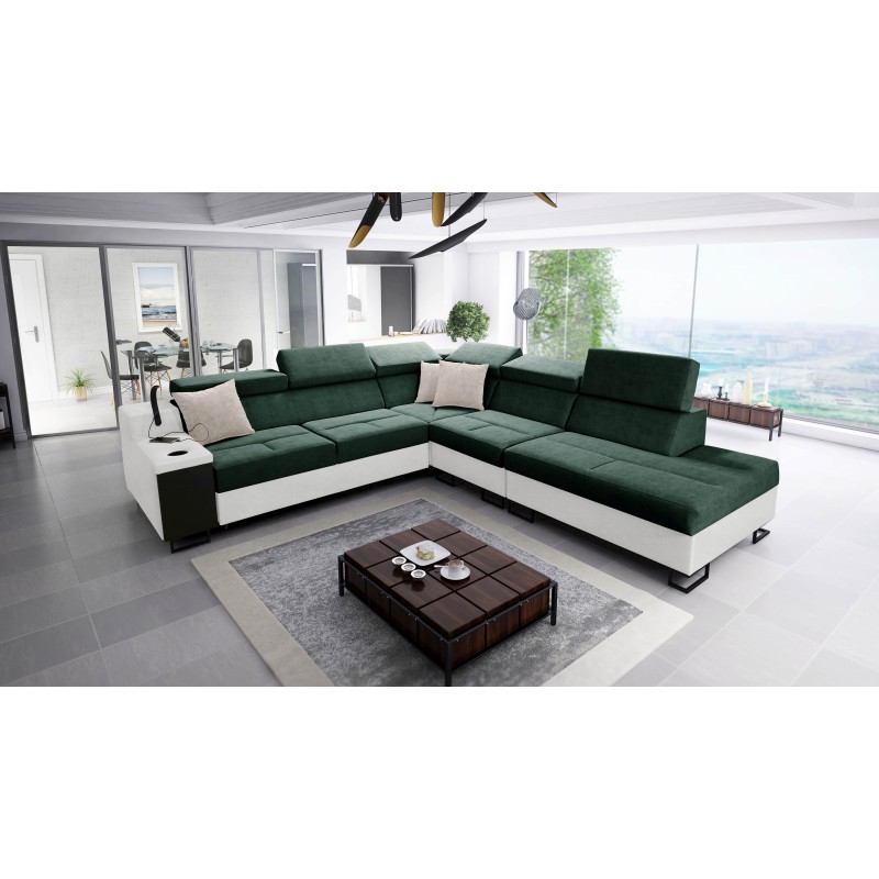 Avanti IX corner sofa with a sleeping function and a lamp with a USB port, fabric Whisper 5 + black eco-leather Avanti IX corner sofa with a sleeping function and a lamp with a USB port, fabric Whisper 5 + black eco-leather