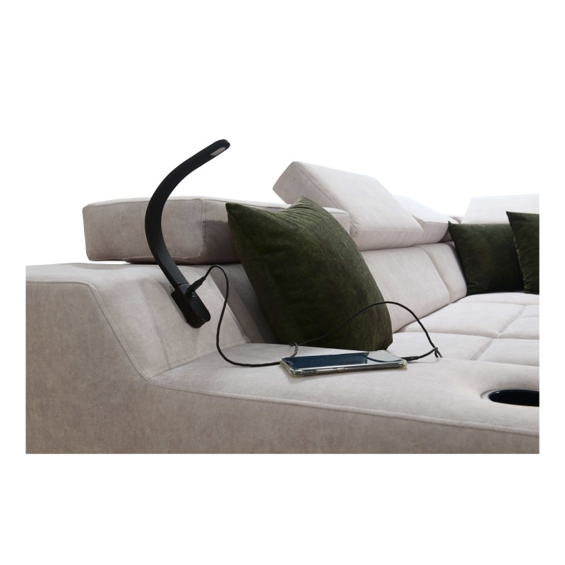 Ecksofa Avanti IX mit Schlaffunktion und Lampe mit USB-Anschluss, Stoff Whisper 9 + Ökoleder Ecksofa Avanti IX mit Schlaffunktion und Lampe mit USB-Anschluss, Stoff Whisper 9 + Ökoleder