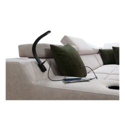 Ecksofa Avanti IX mit Schlaffunktion und Lampe mit USB-Anschluss, Stoff Whisper 9 + schwarzes Kunstleder Ecksofa Avanti IX mit Schlaffunktion und Lampe mit USB-Anschluss, Stoff Whisper 9 + schwarzes Kunstleder
