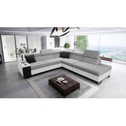 Das Ecksofa Avanti IX mit Schlaffunktion und Lampe mit USB-Anschluss, Stoff Sawana 84 + Kunstleder.