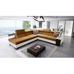 Ecksofa Avanti IX mit Schlaffunktion und Lampe mit USB-Anschluss, Stoff Whisper 3 + schwarzes Kunstleder