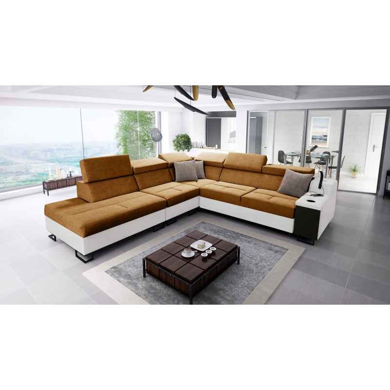 Ecksofa Avanti IX mit Schlaffunktion und Lampe mit USB-Anschluss, Stoff Whisper 3 + schwarzes Kunstleder Ecksofa Avanti IX mit Schlaffunktion und Lampe mit USB-Anschluss, Stoff Whisper 3 + schwarzes Kunstleder