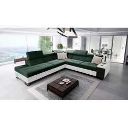 Ecksofa Avanti IX mit Schlaffunktion und Lampe mit USB-Anschluss, Stoff Whisper 5 + schwarzes Kunstleder
