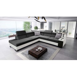 Ecksofa Avanti IX mit Schlaffunktion und Lampe mit USB-Anschluss, Stoff Whisper 9 + schwarzes Kunstleder