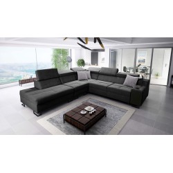 Ecksofa Avanti IX mit Schlaffunktion und Lampe mit USB-Anschluss, Stoff Whisper 11 + schwarzes Kunstleder