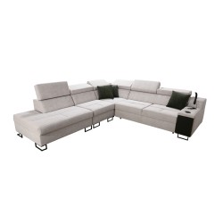 Ecksofa Avanti IX mit Schlaffunktion und Lampe mit USB-Anschluss, Stoff Whisper 11 + schwarzes Kunstleder Ecksofa Avanti IX mit Schlaffunktion und Lampe mit USB-Anschluss, Stoff Whisper 11 + schwarzes Kunstleder