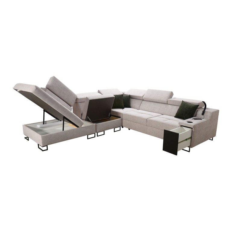 Ecksofa Avanti IX mit Schlaffunktion und Lampe mit USB-Anschluss, Stoff Whisper 11 + schwarzes Kunstleder Ecksofa Avanti IX mit Schlaffunktion und Lampe mit USB-Anschluss, Stoff Whisper 11 + schwarzes Kunstleder