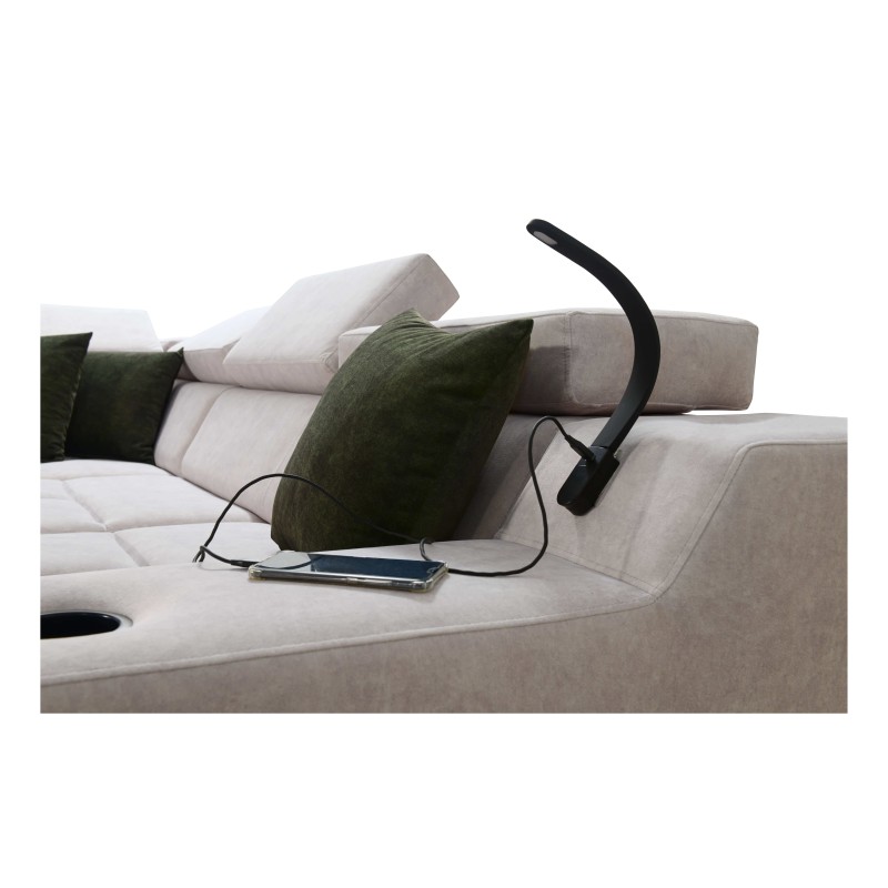 Sofá esquinero Avanti IX con función de cama y lámpara con puerto USB, tela Whisper 25 + Ecocuero Sofá esquinero Avanti IX con función de cama y lámpara con puerto USB, tela Whisper 25 + Ecocuero