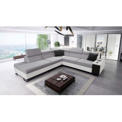 Das Ecksofa Avanti IX mit Schlaffunktion und Lampe mit USB-Anschluss, Stoff Sawana 84 + Kunstleder.