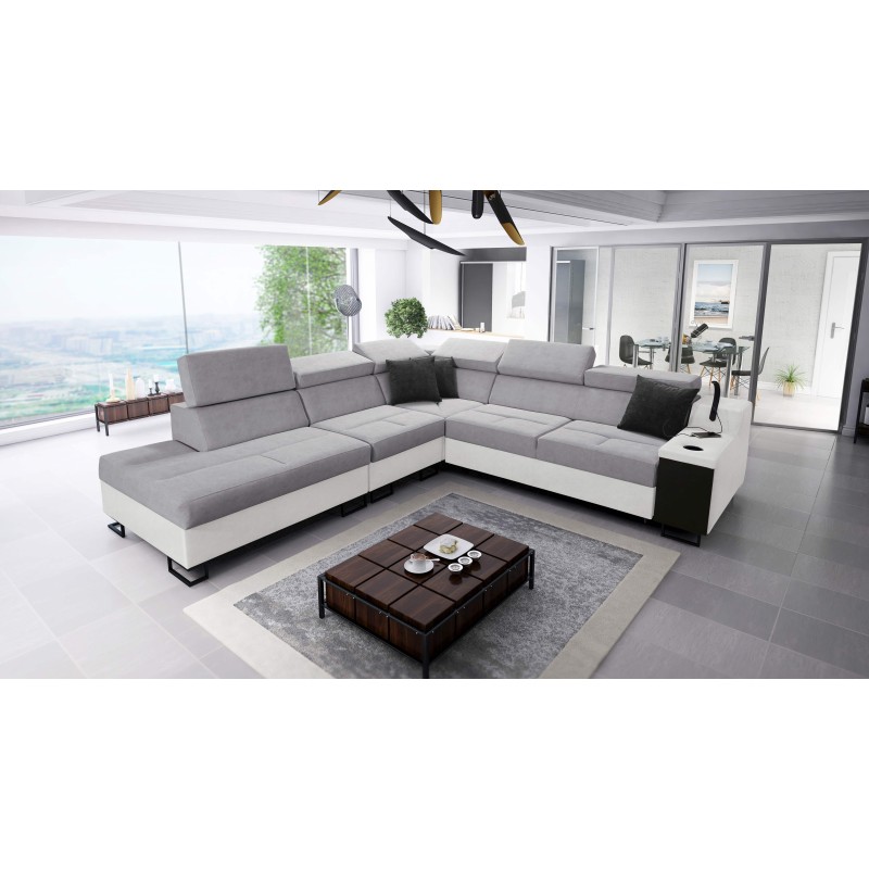 Das Ecksofa Avanti IX mit Schlaffunktion und Lampe mit USB-Anschluss, Stoff Sawana 84 + Kunstleder.