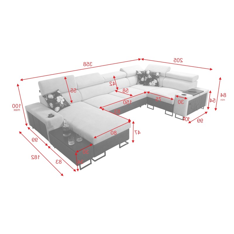 Sofá esquinero en forma de U Prestige IV maxi con función de cama y puerto USB | Suave al tacto, Freya 210.24 + Tauro 8207 Sofá esquinero en forma de U Prestige IV maxi con función de cama y puerto USB | Suave al tacto, Freya 210.24 + Tauro 8207
