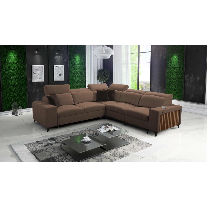 Das Ecksofa Alto III mit Latten, Schlaffunktion und verstellbaren Kopfstützen in Stoff Plecionka, Sawana 25.