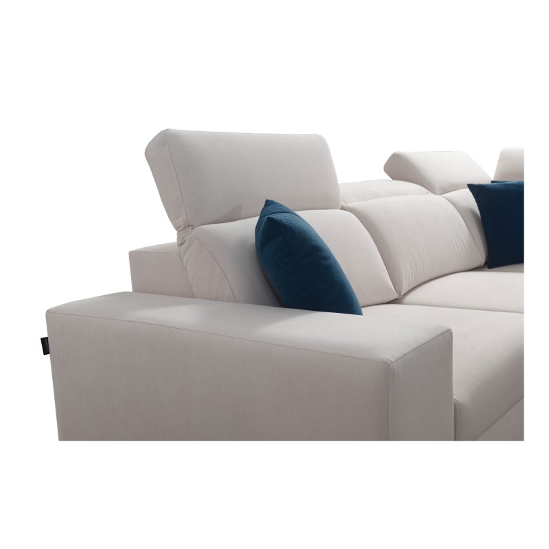 The Alto III corner sofa with slats, a sleeping function, and adjustable headrests in Plecionka fabric, Sawana 25. The Alto III corner sofa with slats, a sleeping function, and adjustable headrests in Plecionka fabric, Sawana 25.