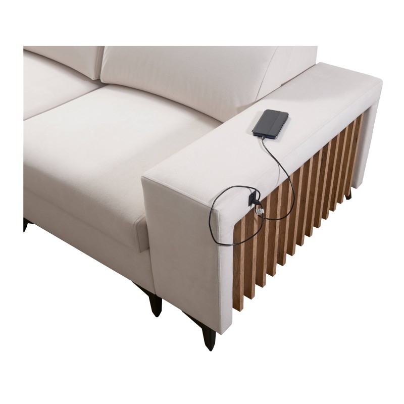 The Alto III corner sofa with slats, a sleeping function, and adjustable headrests in Plecionka fabric, Sawana 25. The Alto III corner sofa with slats, a sleeping function, and adjustable headrests in Plecionka fabric, Sawana 25.