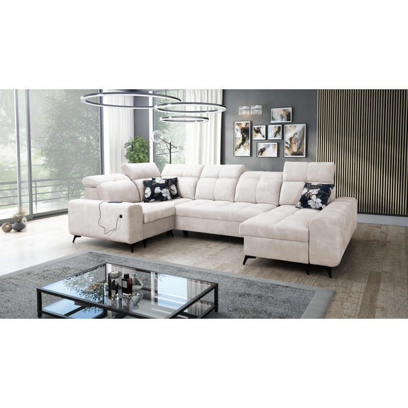 Ascot IV corner sofa with a sleeping function, USB port, and adjustable headrests - Velvet, Wave 1