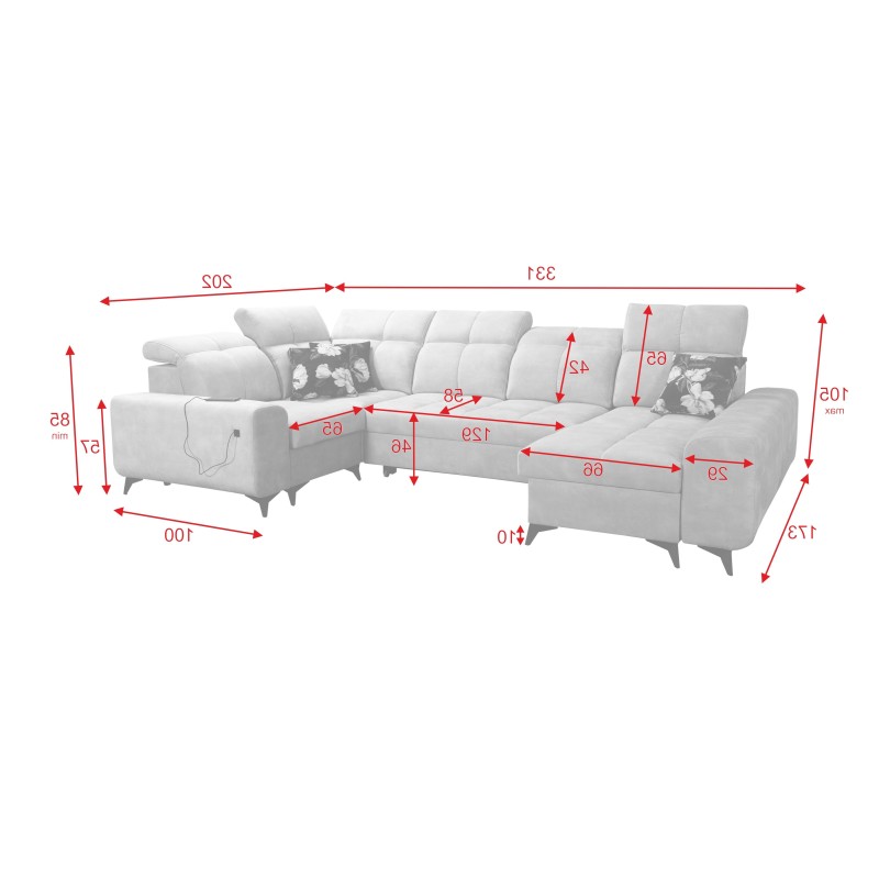 Ecksofa Ascot IV mit Schlaffunktion, USB-Anschluss und verstellbaren Kopfstützen - Velours, Wave 4 Ecksofa Ascot IV mit Schlaffunktion, USB-Anschluss und verstellbaren Kopfstützen - Velours, Wave 4