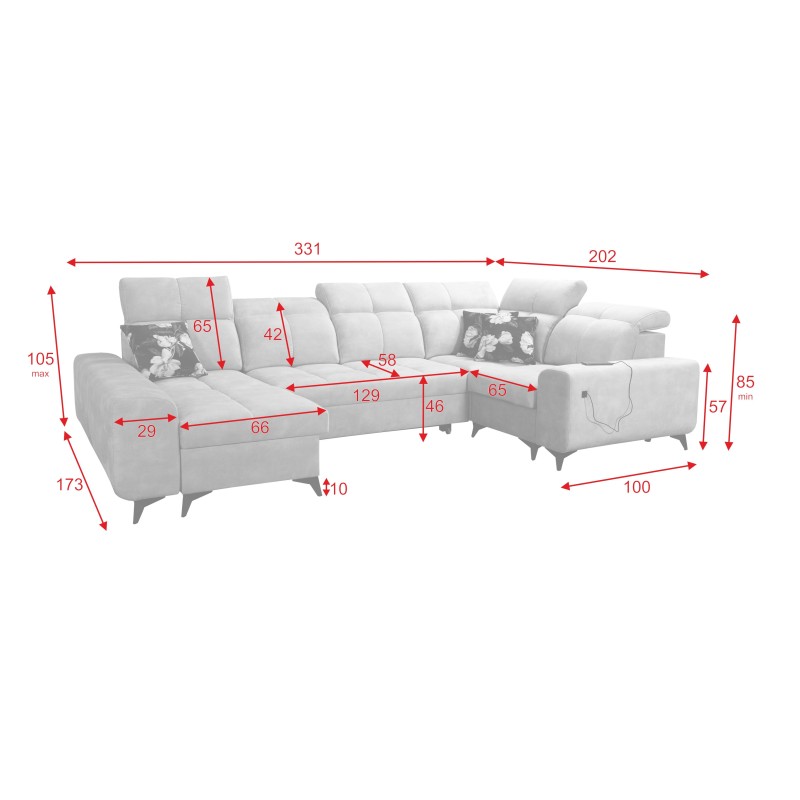 Ecksofa Ascot IV mit Schlaffunktion, USB-Anschluss und verstellbaren Kopfstützen - Samt, Wave 5 Ecksofa Ascot IV mit Schlaffunktion, USB-Anschluss und verstellbaren Kopfstützen - Samt, Wave 5