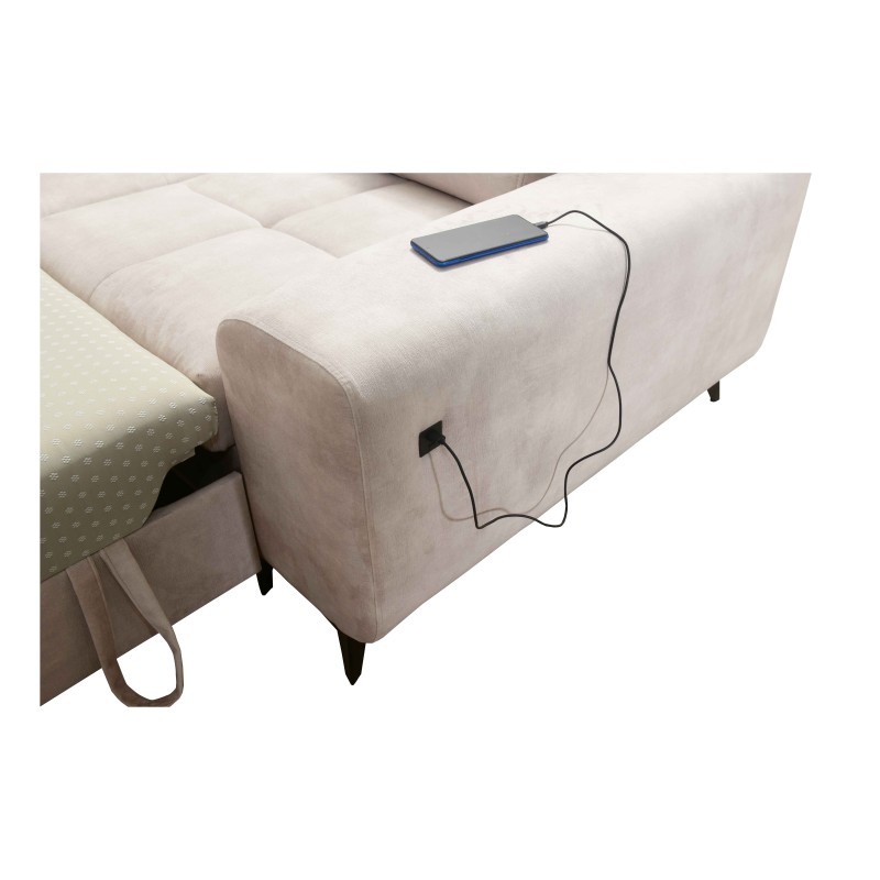 Sofá esquinero Ascot IV con función de cama, puerto USB y reposacabezas ajustables - Terciopelo, Wave 11 Sofá esquinero Ascot IV con función de cama, puerto USB y reposacabezas ajustables - Terciopelo, Wave 11