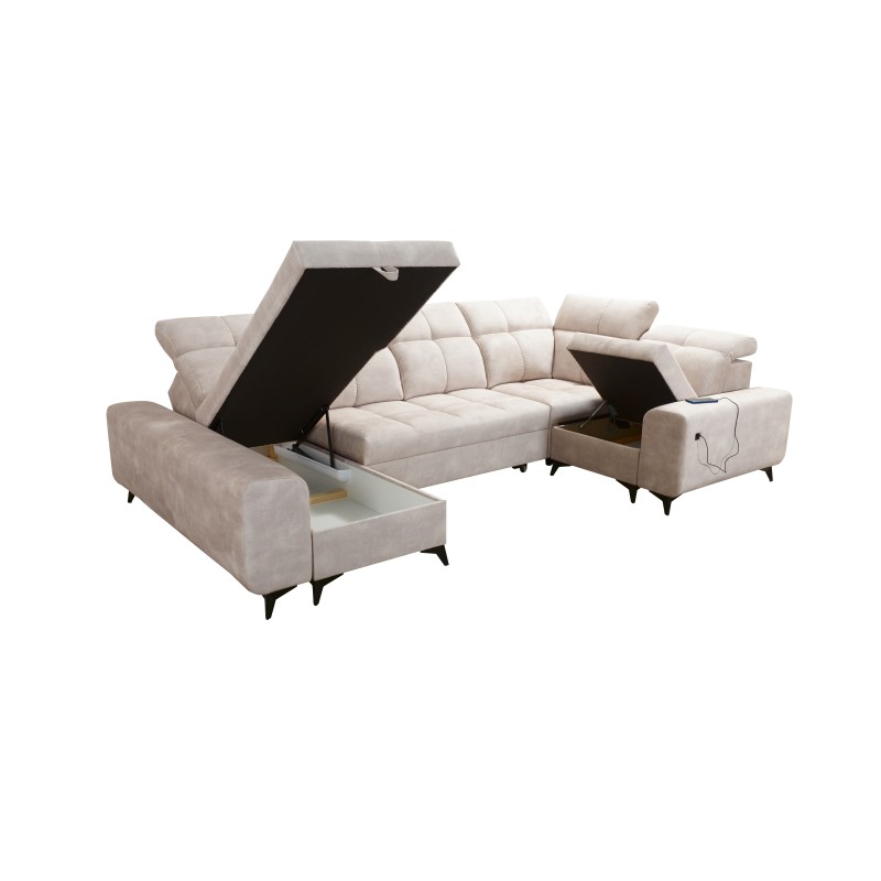 Sofá esquinero Ascot IV con función de cama, puerto USB y reposacabezas ajustables - Terciopelo, Wave 11 Sofá esquinero Ascot IV con función de cama, puerto USB y reposacabezas ajustables - Terciopelo, Wave 11